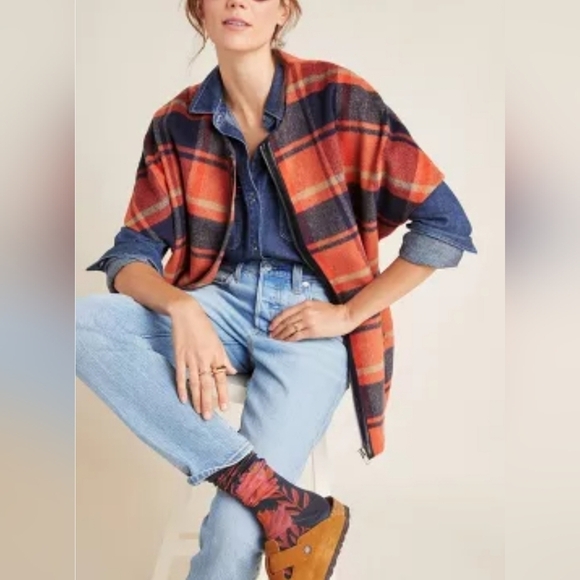 Andersen & Lauth Orange Blue Plaid Pocho Vest Full Zip Pockets Flannel Lined ALL